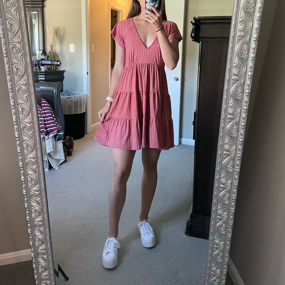 Urban Outfitters - Pink V-Neck Dotted Dress